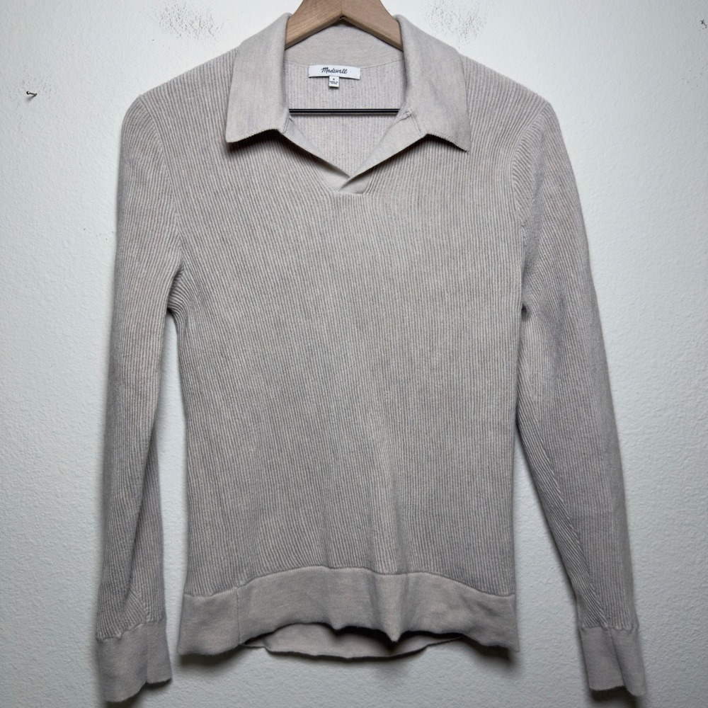Madewell Womens 100% Merino Wool Sweater S Beige Ribbed Polo‎ Preppy Academia